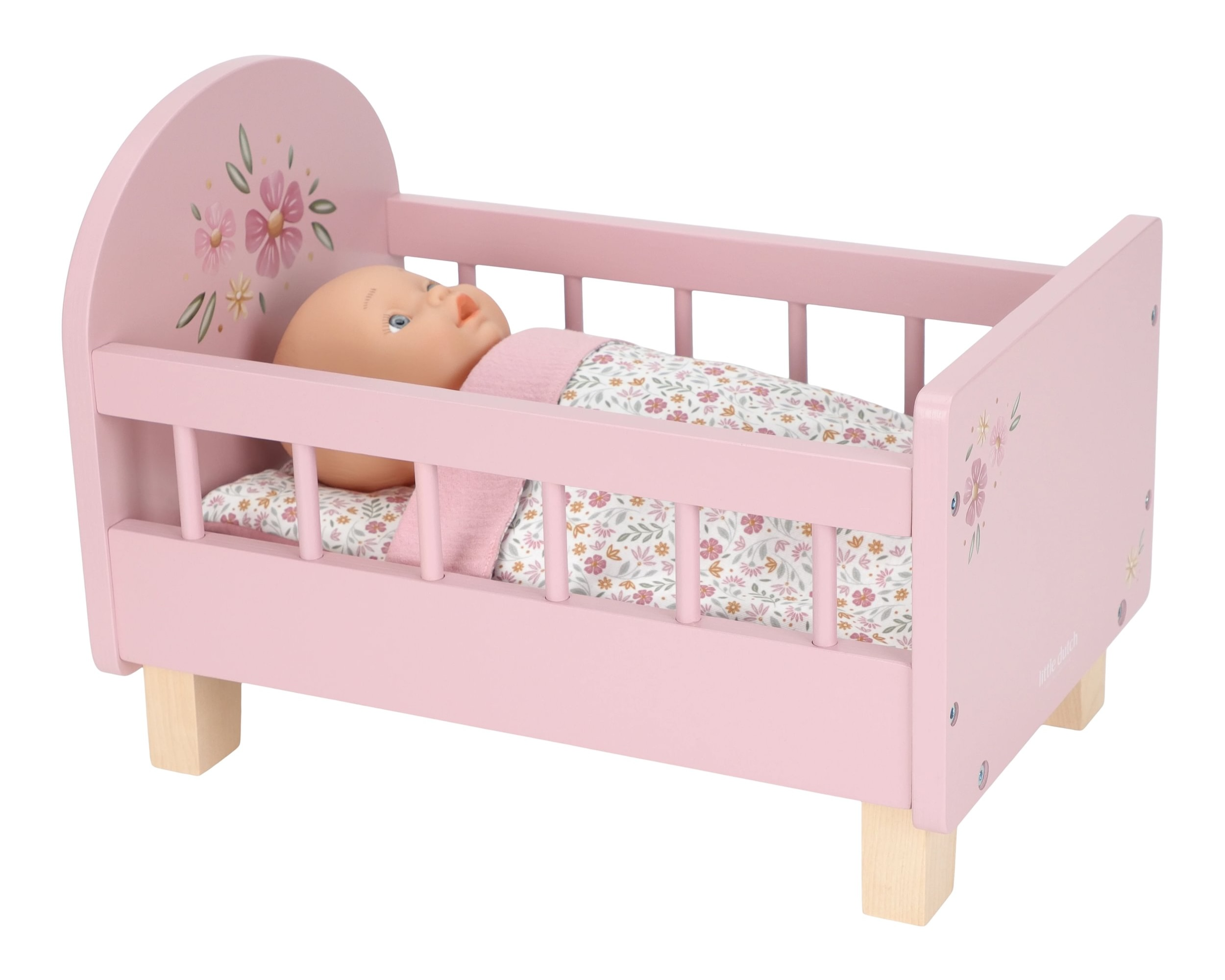Postýlka pro panenky dřevěná s peřinkou Pink
