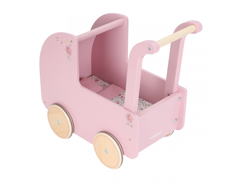 Kočárek pro panenky dřevěný s peřinkou Pink