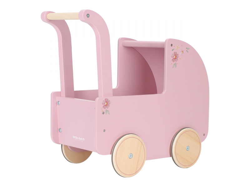 Kočárek pro panenky dřevěný s peřinkou Pink