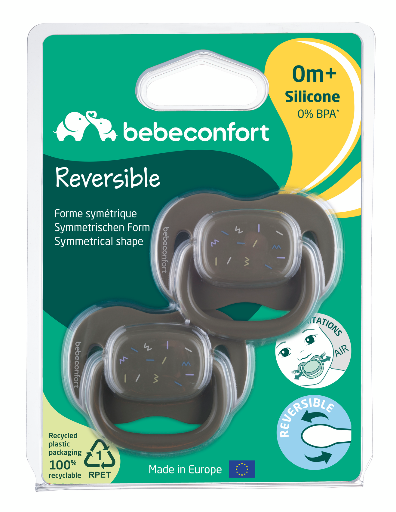 BEBECONFORT Šidítko silikonové symetrické 2ks 0m+ Green