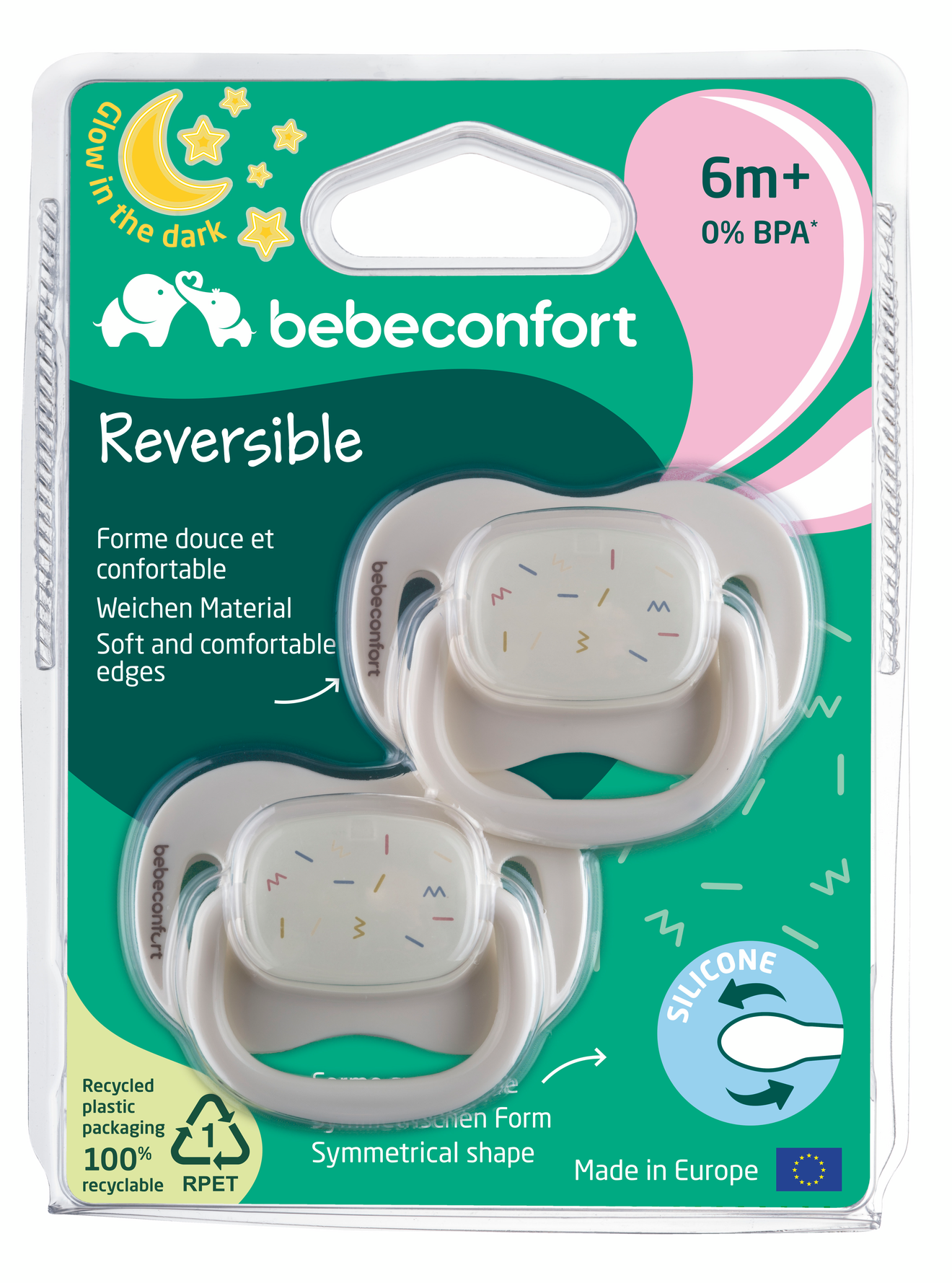 BEBECONFORT Šidítko silikonové symetrické svíticí 2ks 6m+ Sand