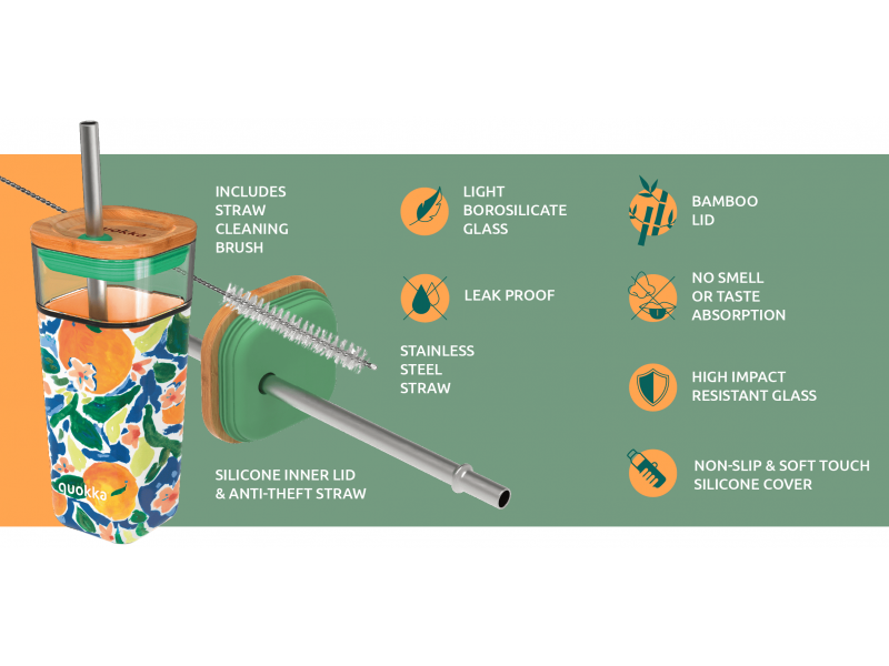 Skleněný cestovní hrnek s brčkem Liquid Cube Water Flowers 540 ml