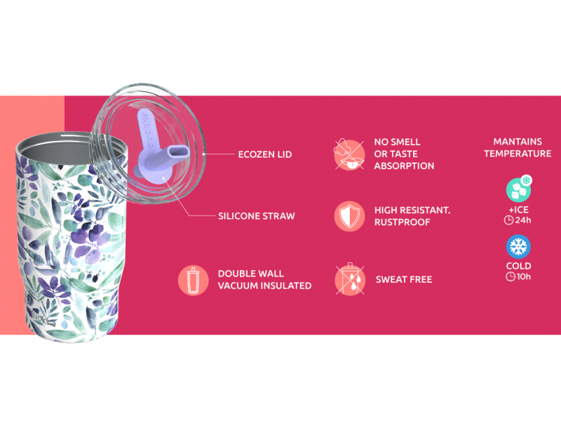 Nerezový termohrnek s brčkem Mist Violet Blooms 720 ml