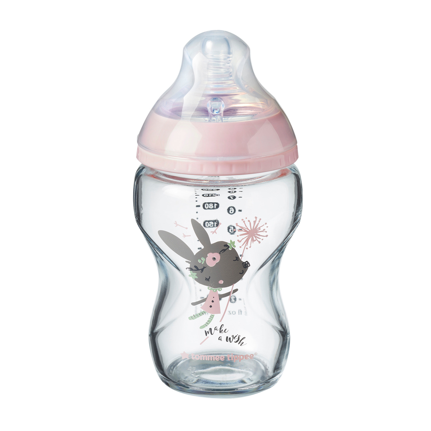 Dojčenská fľaša C2N 250ml sklenená potlač Pink, 0m +