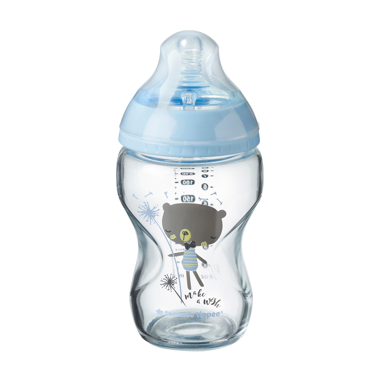 Dojčenská fľaša C2N 250ml sklenená potlač Blue, 0m +