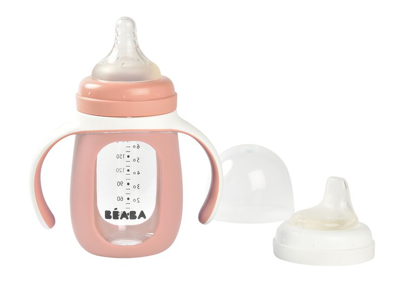 Dojčenská fľaša sklenená 2v1 210ml so silikónovou ochranou Pink