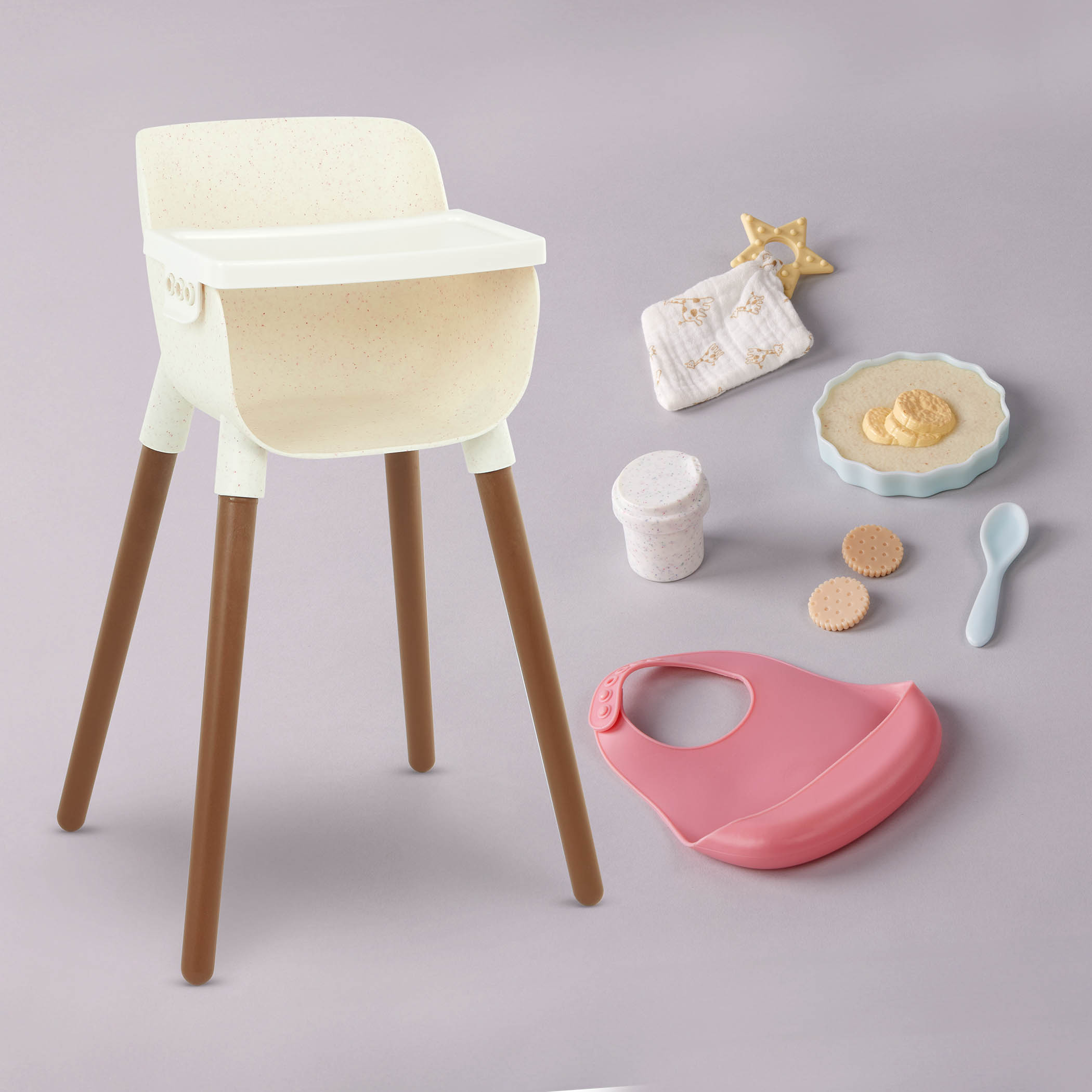Židlička jídelní pro panenky s doplňky